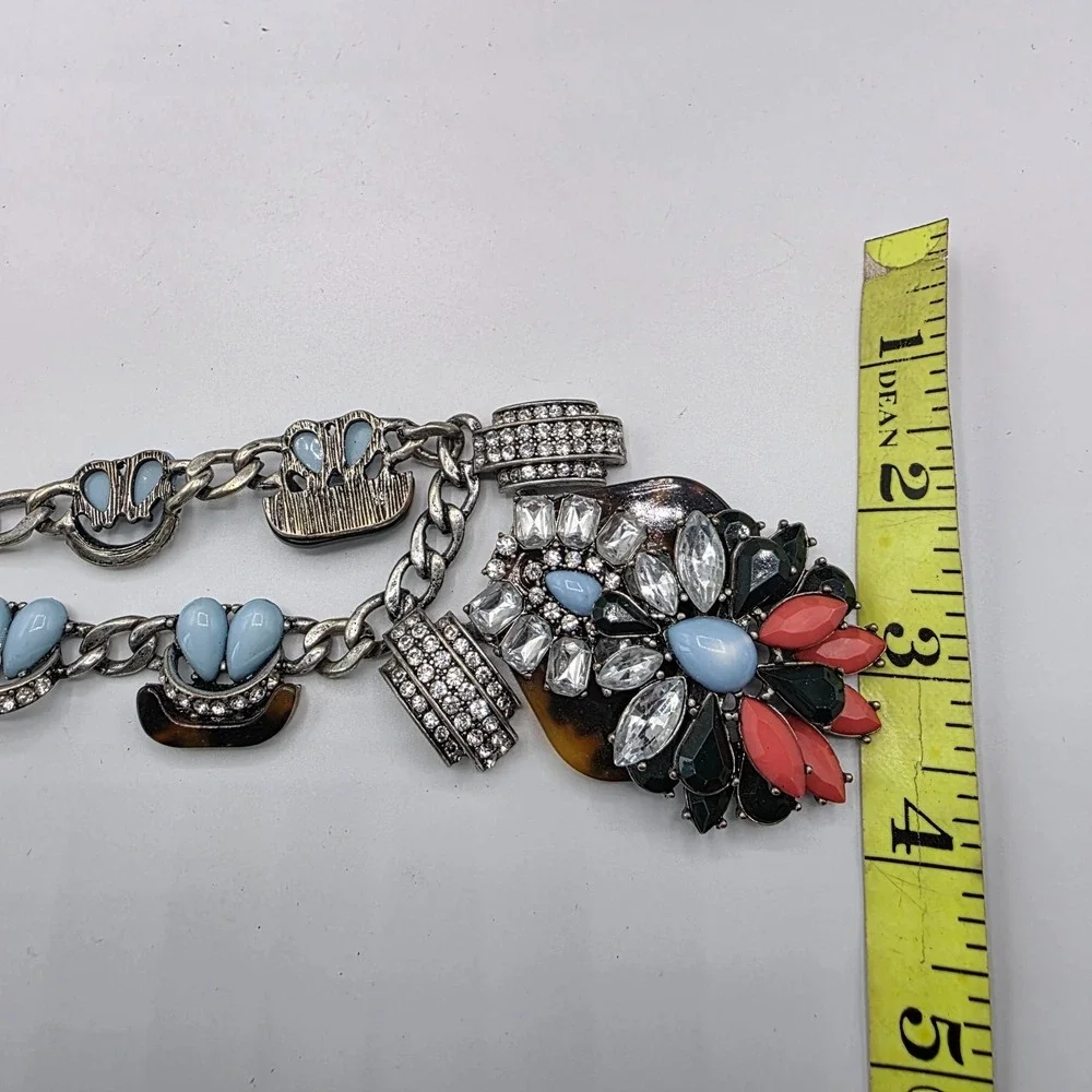 Antique Silver‎ Statement Necklace Link Chain Lobster Multicolor Rhinestone 25